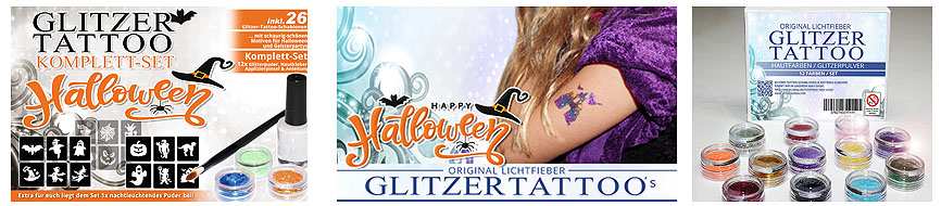 Glitzer-Tattoo Set Halloween mit 26 Schablonen 12 Glitzerfarben Kleber uvm. 